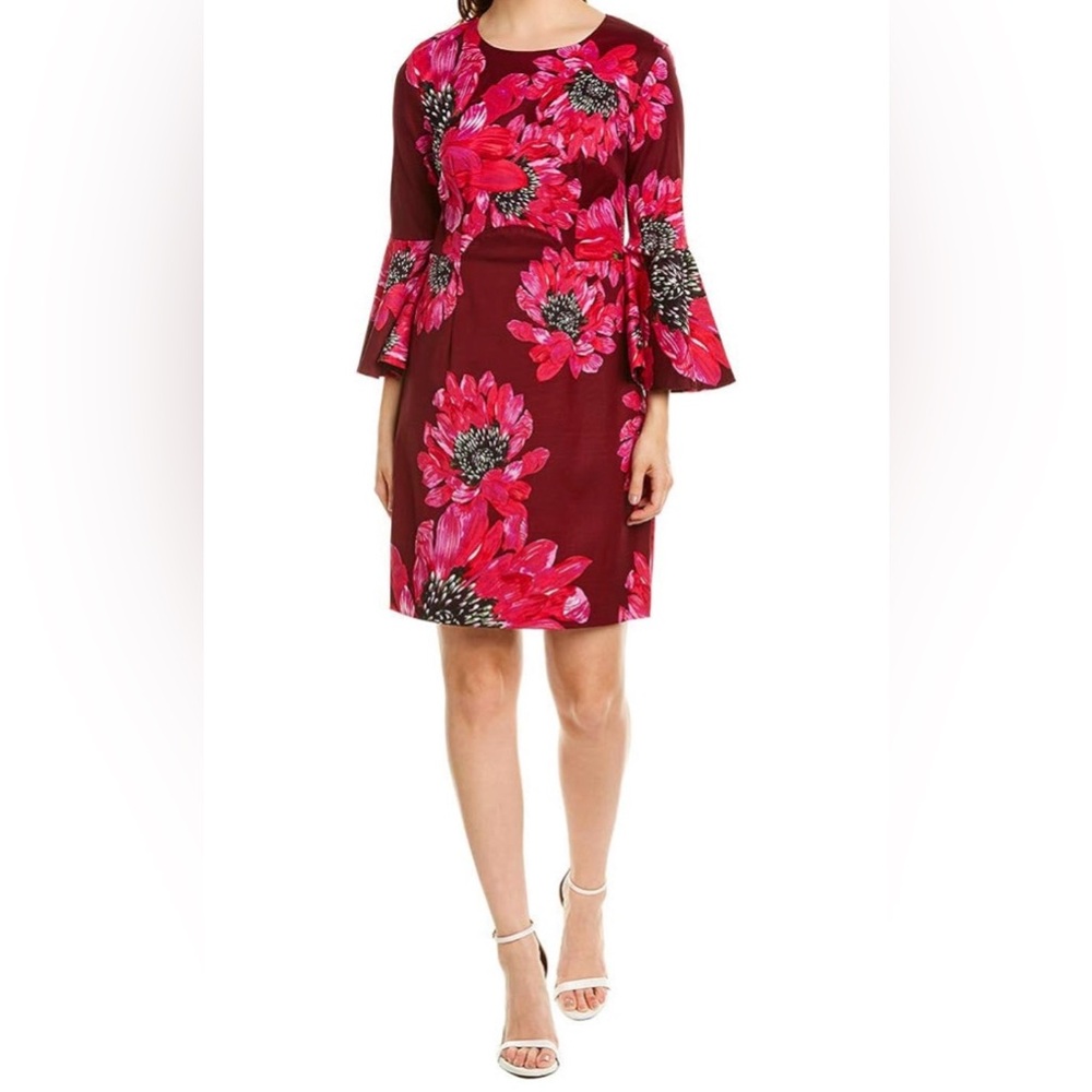 Trina Turk Splendid Floral Bell Sleeve Dress Burgundy Pink Size 4